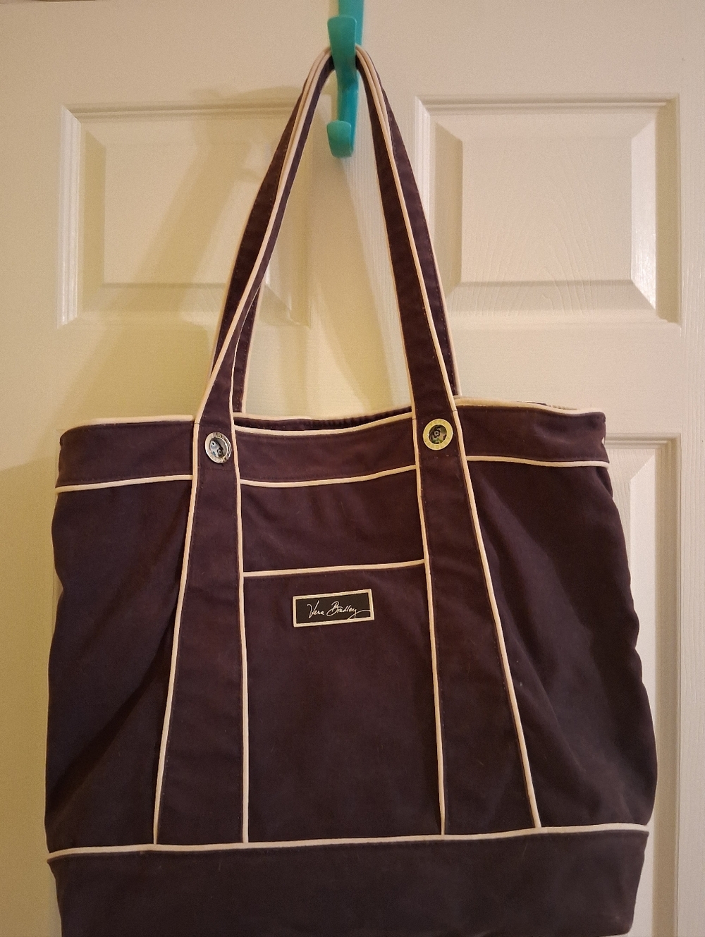 Vera Bradley Purple With White Trim Large Canvas Tote Bag With Zipper Closure.